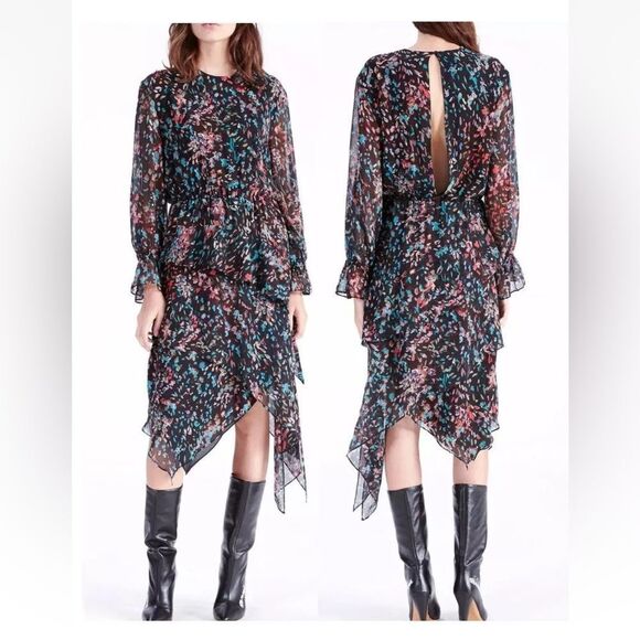 IRO 100% viscose Chic Floral Long Sleeve tiered midi Dress, S - Picture 1 of 11